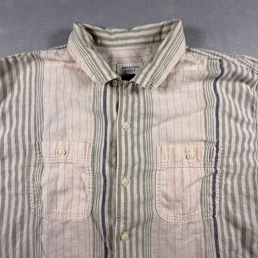 American Eagle Linen Blend Striped Short Sleeve Button Down Shirt Large